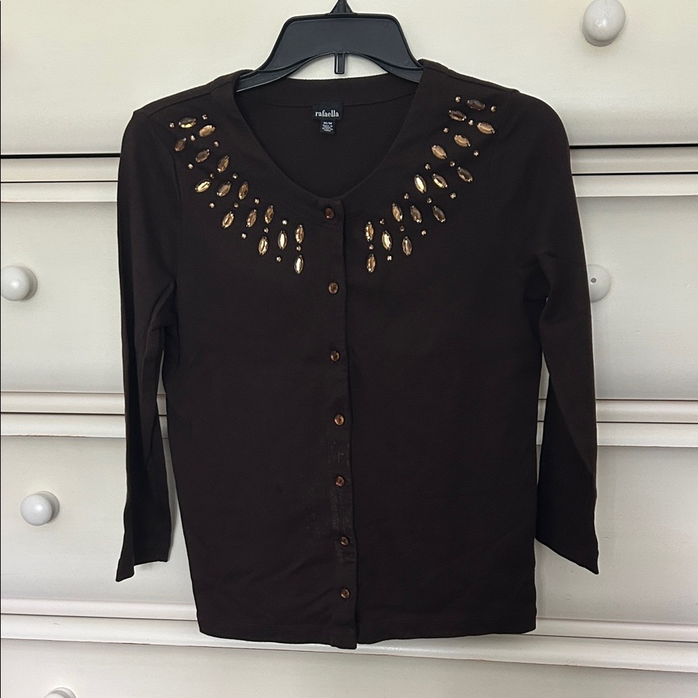 Rafaella Chocolate Brown Jeweled Cardigan